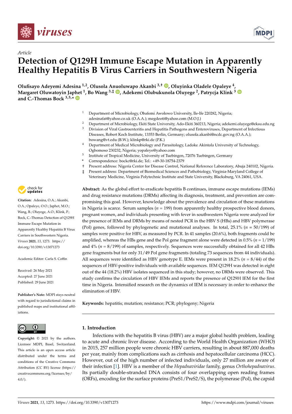 Detection of Q129H Immune Escape Mutation in Apparently Healthy Hepatitis B Virus Carriers in Southwestern Nigeria
