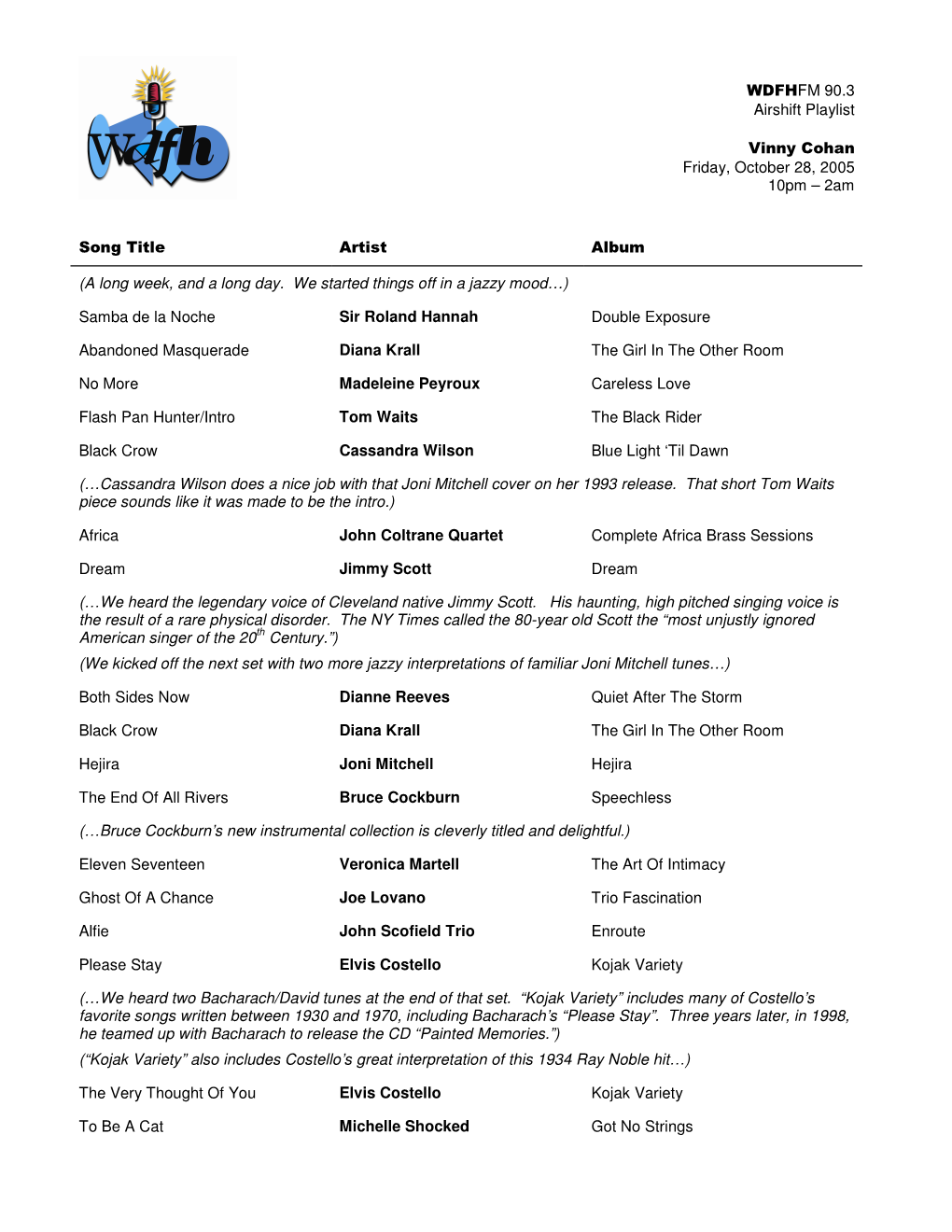 W DFHFM 90.3 Airshift Playlist Vinny Cohan Friday, October 28