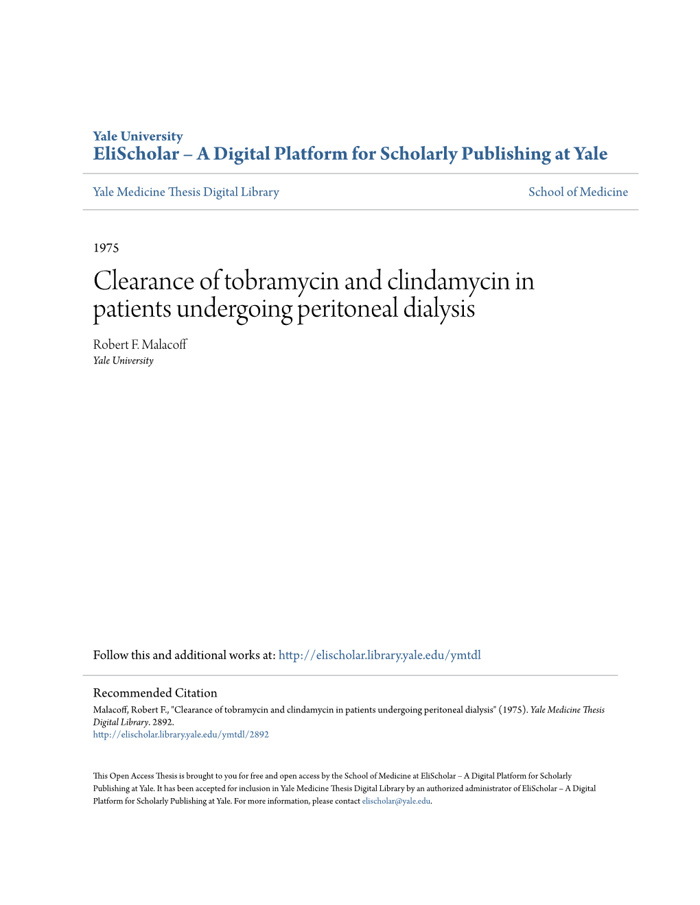 Clearance of Tobramycin and Clindamycin in Patients Undergoing Peritoneal Dialysis Robert F