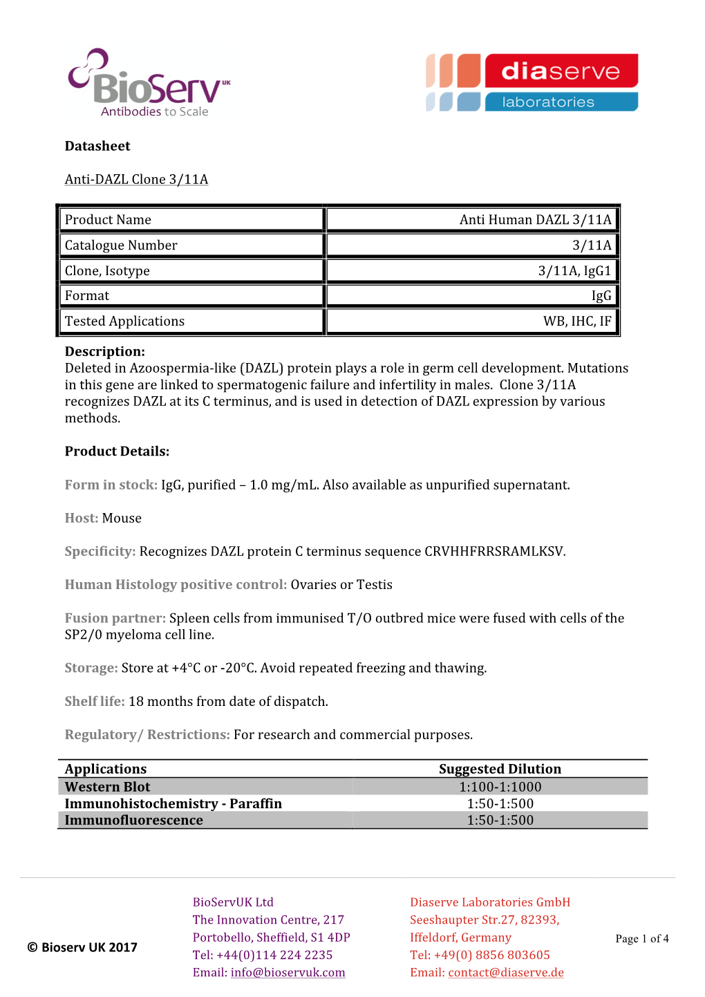 © Bioserv UK 2017 Datasheet Anti-DAZL Clone 3/11A Product