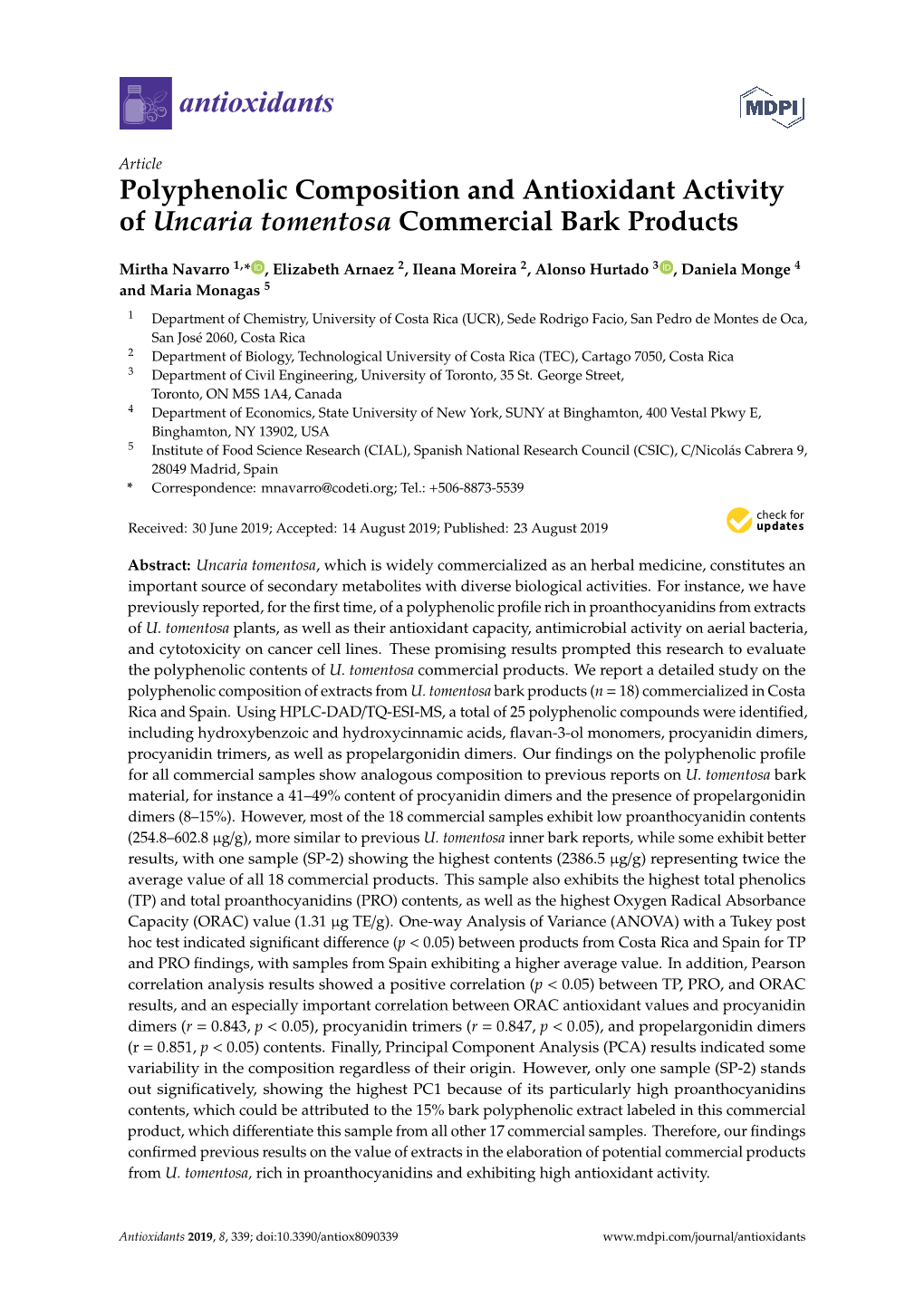 Polyphenolic Composition and Antioxidant Activity of Uncaria Tomentosa Commercial Bark Products