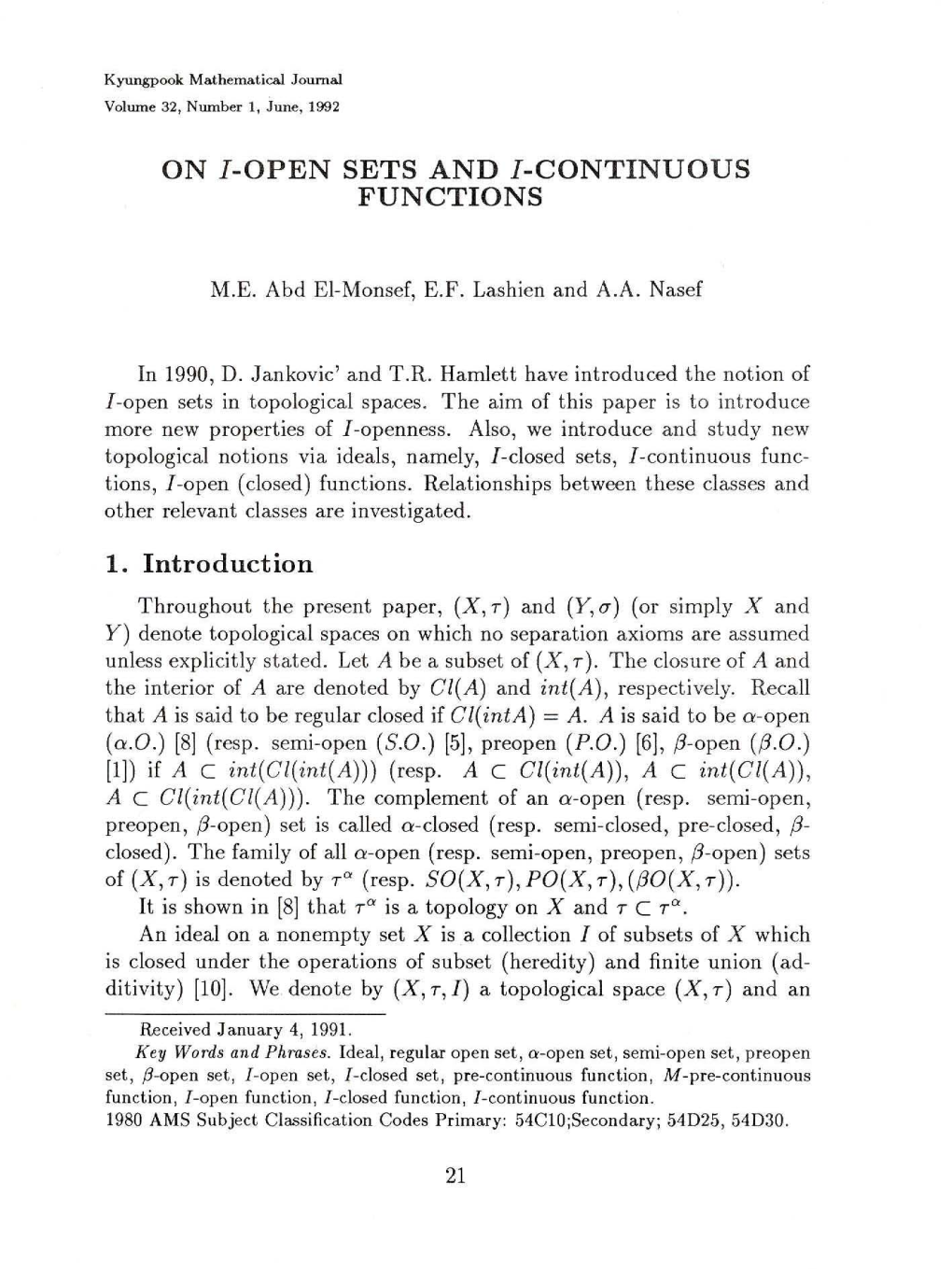 On I-Open Sets and I-Continuous Functions