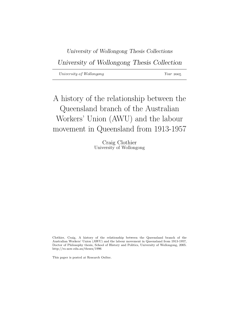 (AWU) and the Labour Movement in Queensland from 1913-1957