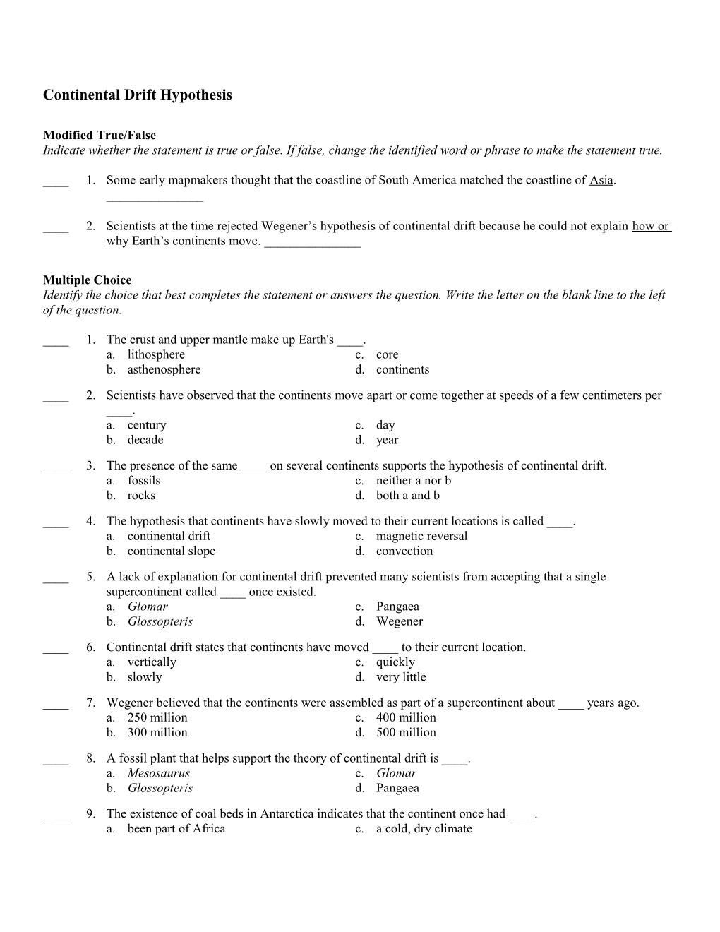 Continental Drift Hypothesis