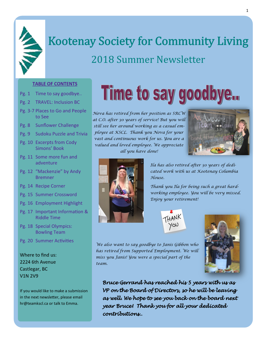 Kootenay Society for Community Living 2018 Summer Newsletter