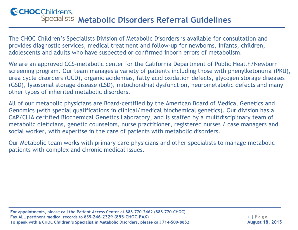 Metabolic Disorders Referral Guidelines