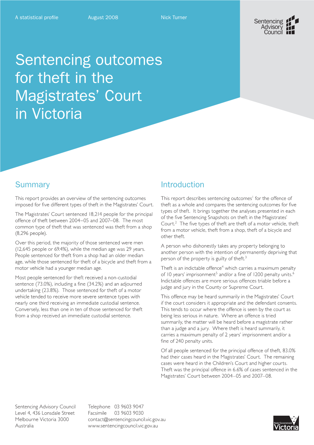Sentencing Outcomes for Theft in the Magistrates’ Court in Victoria