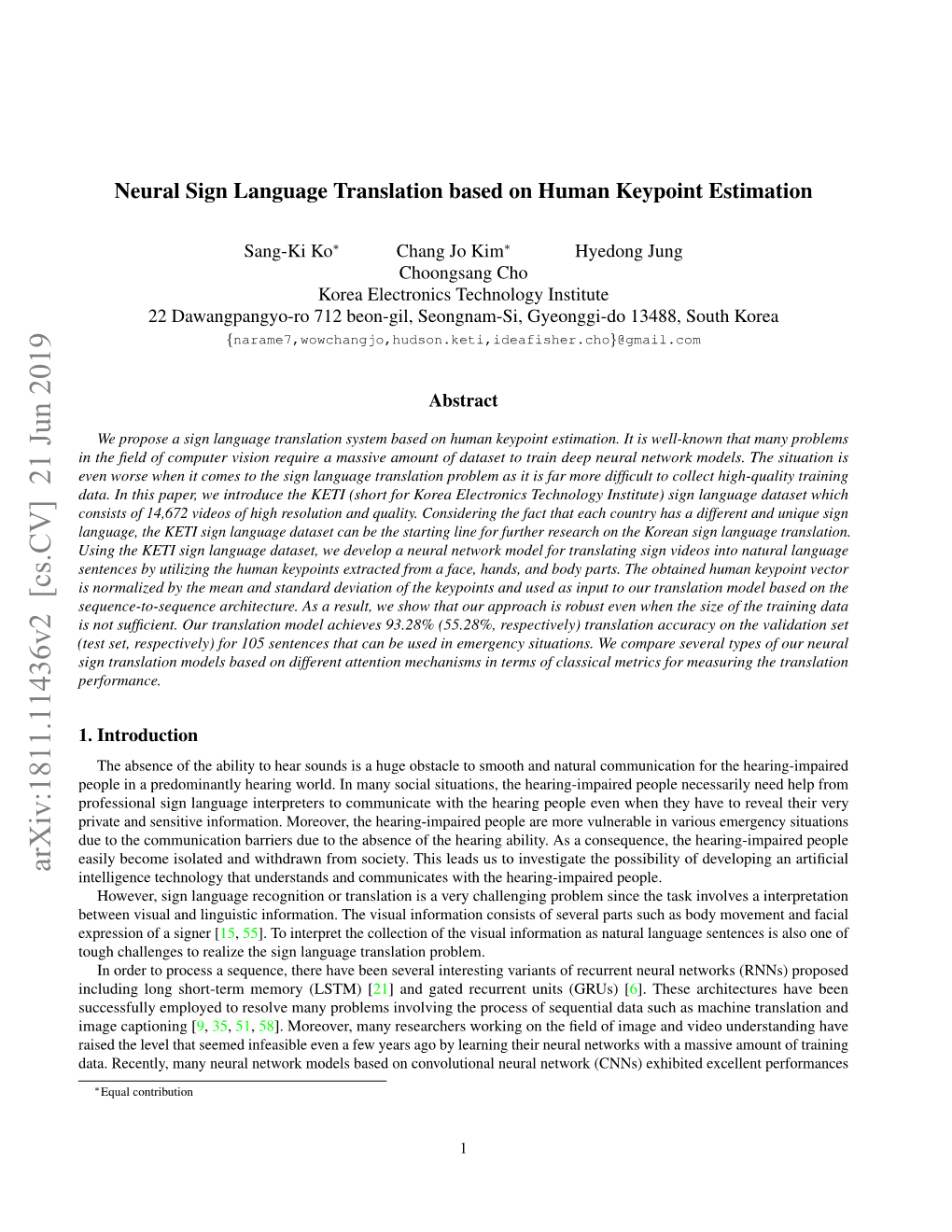 Neural Sign Language Translation Based on Human Keypoint Estimation