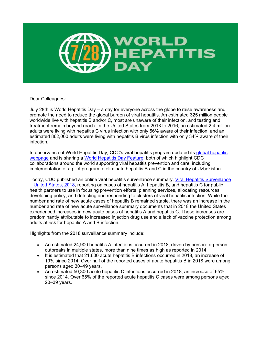 World Hepatitis Day & 2018 Surveillance Report