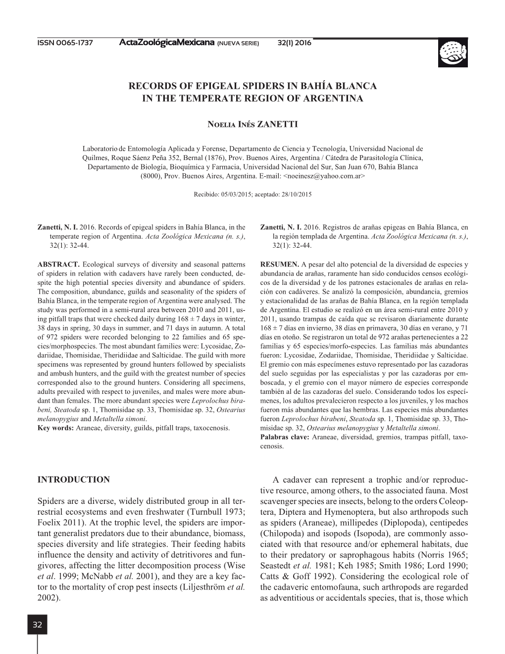 Records of Epigeal Spiders in Bahía Blanca in the Temperate Region of Argentina