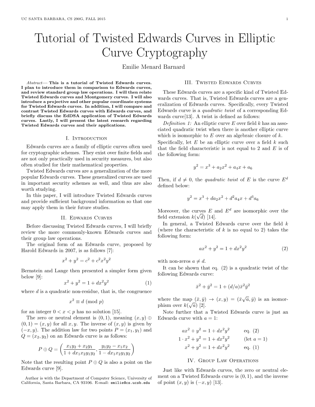 Tutorial of Twisted Edwards Curves in Elliptic Curve Cryptography Emilie Menard Barnard