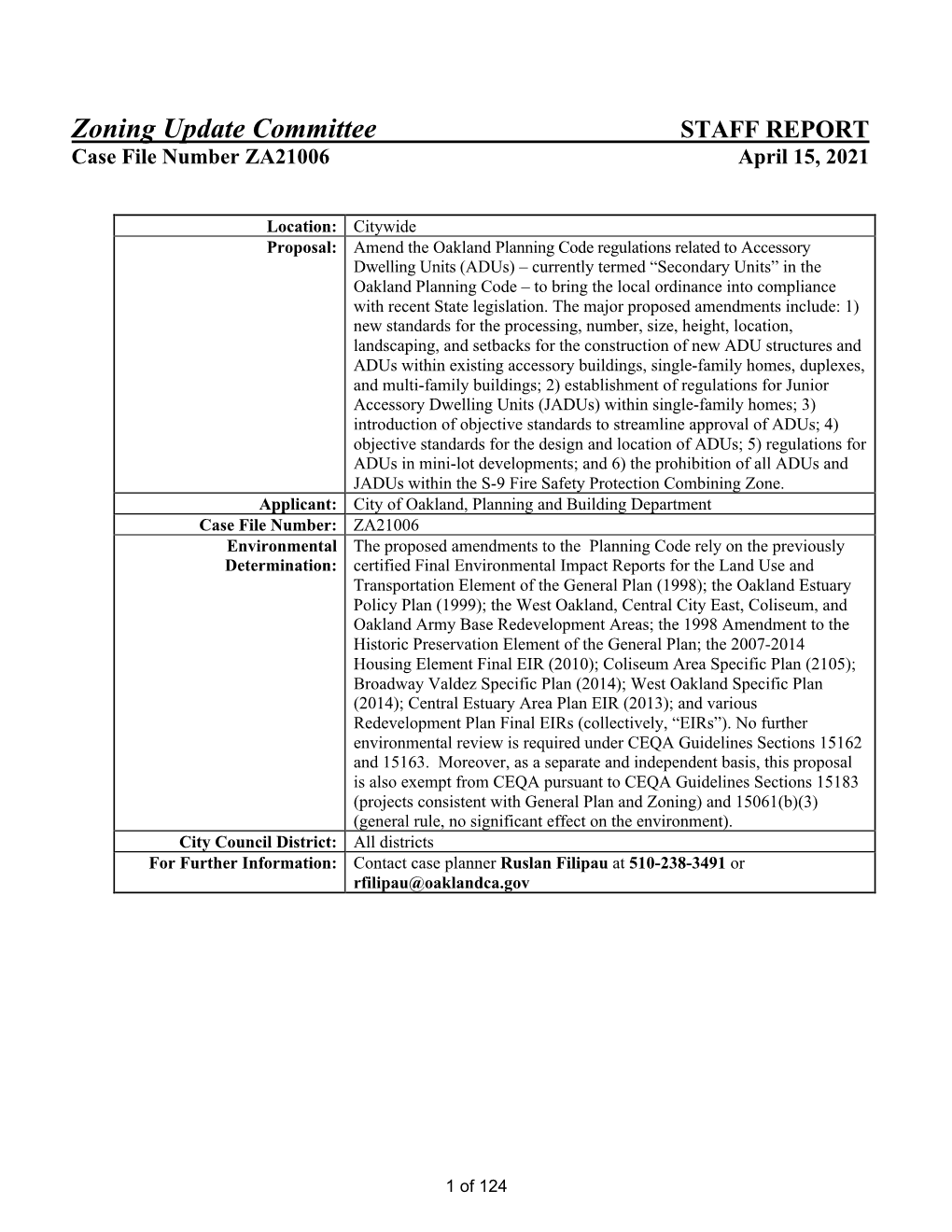 Zoning Update Committee STAFF REPORT Case File Number ZA21006 April 15, 2021