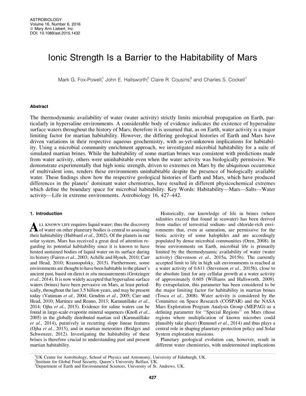 Ionic Strength Is a Barrier to the Habitability of Mars