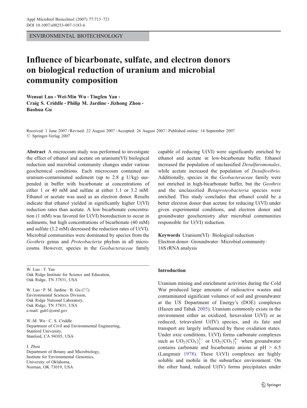 Influence of Bicarbonate, Sulfate, and Electron Donors on Biological Reduction of Uranium and Microbial Community Composition