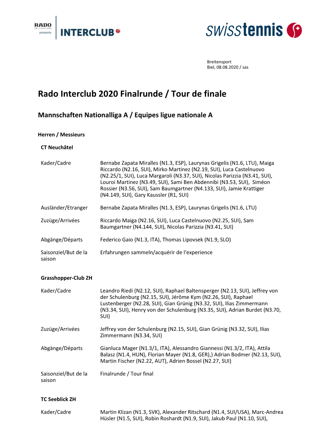 Rado Interclub 2020 Finalrunde / Tour De Finale