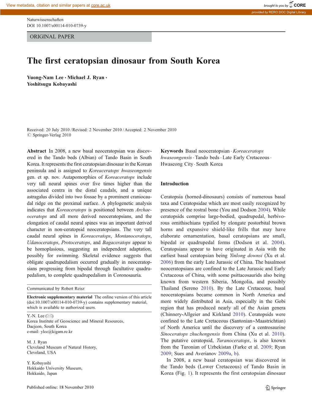 The First Ceratopsian Dinosaur from South Korea