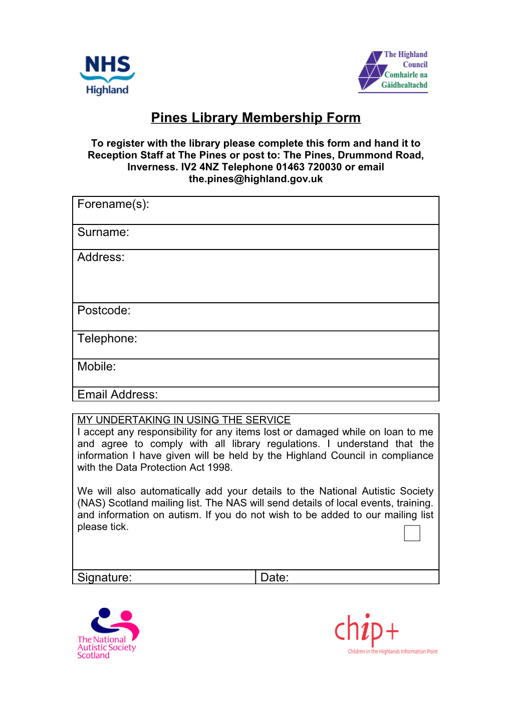 Pines Library Membership Form