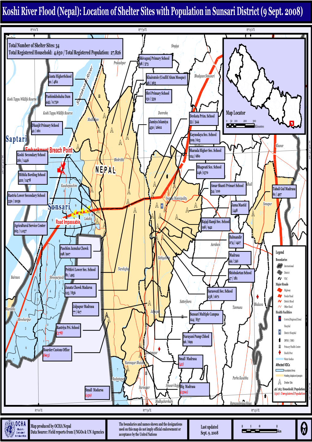 Koshi River Flood (Nepal): Location of Shelter Sites with Population in Sunsari District (9 Sept