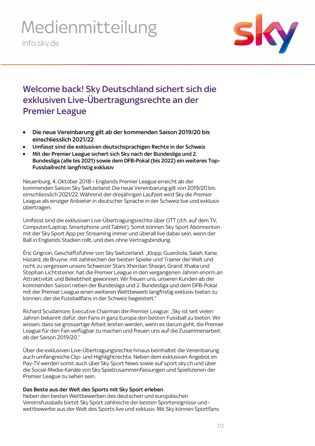 Welcome Back! Sky Deutschland Sichert Sich Die Exklusiven Live-Übertragungsrechte an Der Premier League