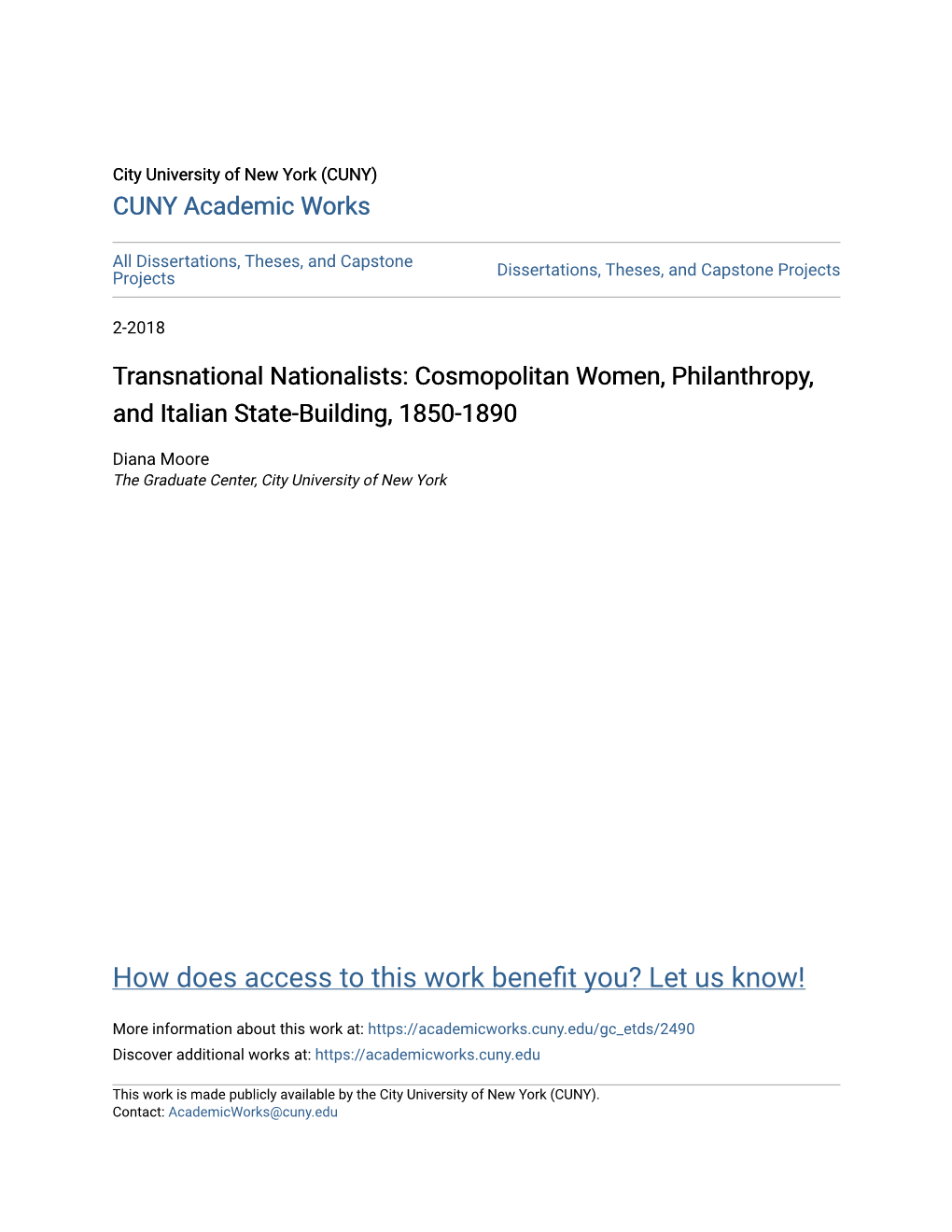 Cosmopolitan Women, Philanthropy, and Italian State-Building, 1850-1890