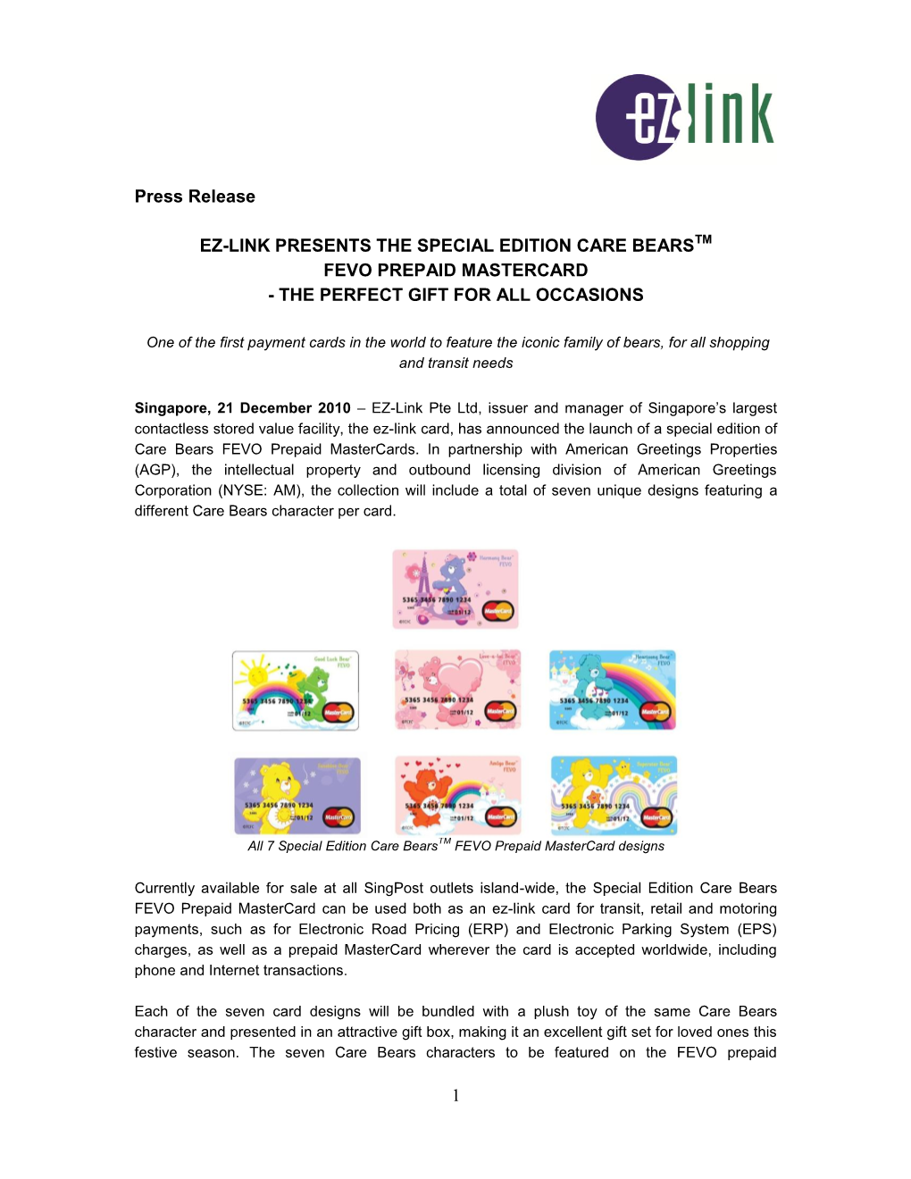 AGP Partners with EZ-Link Singapore for Care Bears Branded Pre-Paid