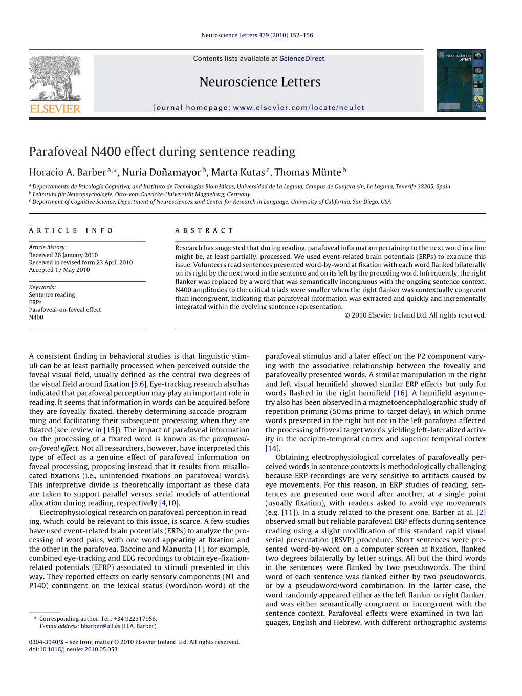 Neuroscience Letters Parafoveal N400 Effect During Sentence Reading