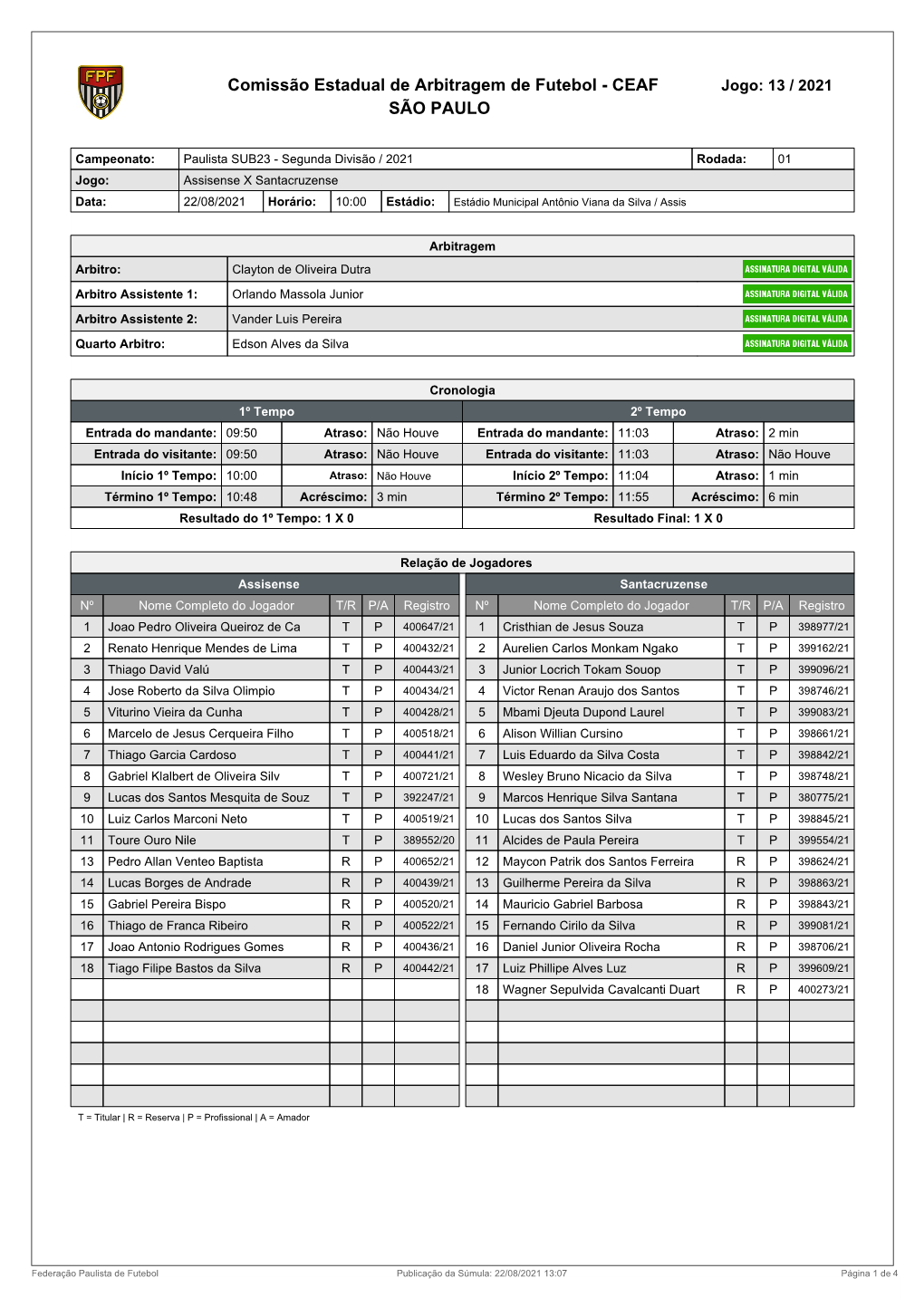 Comissão Estadual De Arbitragem De Futebol - CEAF Jogo: 13 / 2021 SÃO PAULO