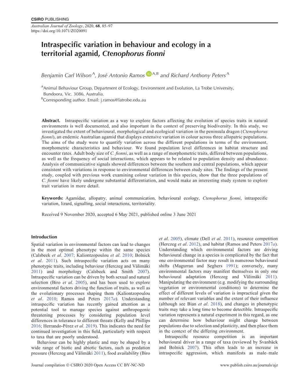 Intraspecific Variation in Behaviour and Ecology In