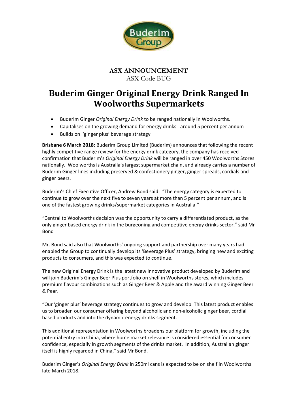 Buderim Ginger Original Energy Drink Ranged in Woolworths Supermarkets