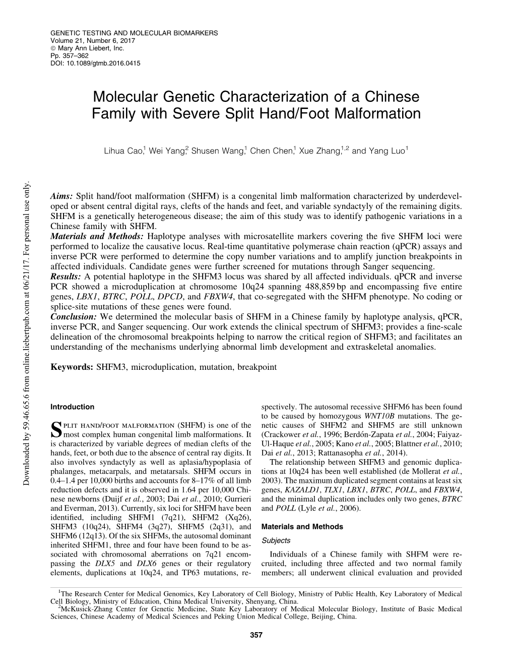 Molecular Genetic Characterization of a Chinese Family with Severe Split Hand/Foot Malformation