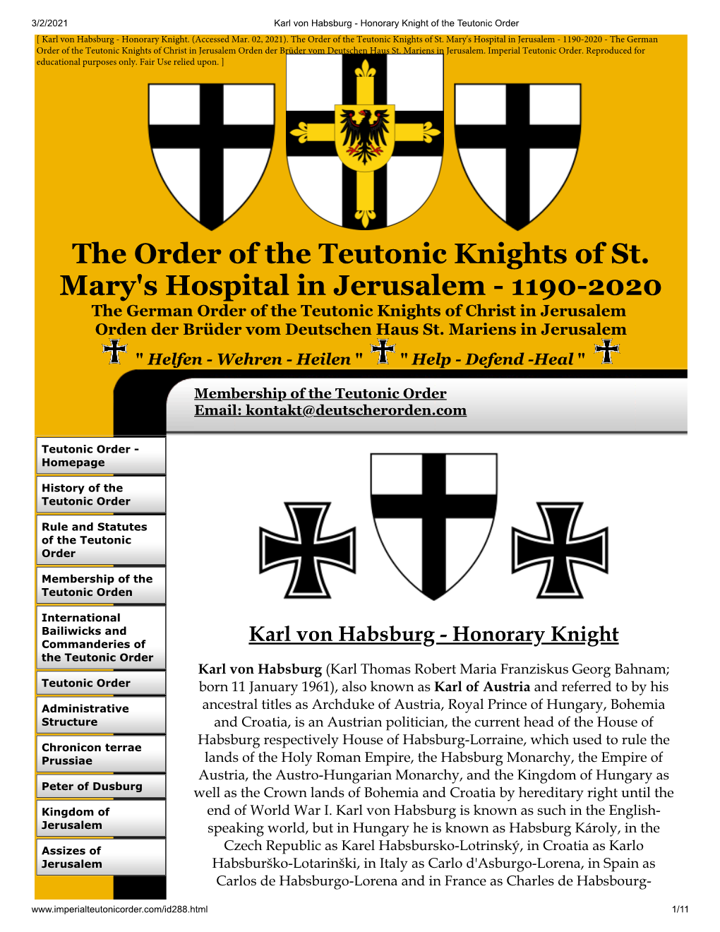 The Order of the Teutonic Knights of St. Mary's Hospital in Jerusalem