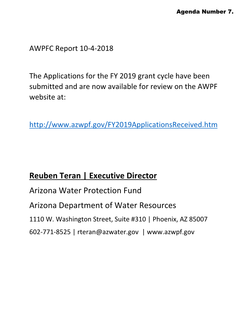 Executive Director Arizona Water Protection Fund Arizona Department of Water Resources 1110 W