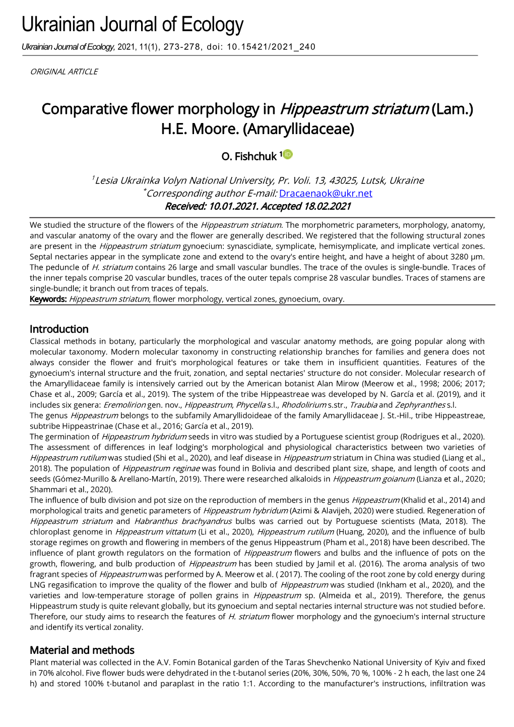 Comparative Flower Morphology in Hippeastrum Striatum (Lam.) H.E