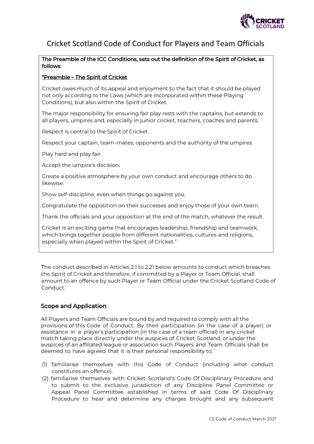 Cricket Scotland Code of Conduct for Players and Team Officials
