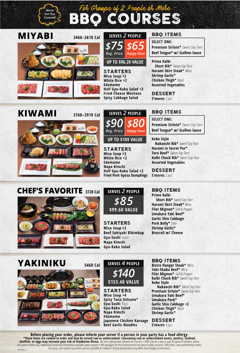 BBQ COURSES BBQ Items Miyabi 3460–3610 Cal Serves 2 People Select One: $75 $65 Premium Sirloin* Sweet Soy Tare Reg