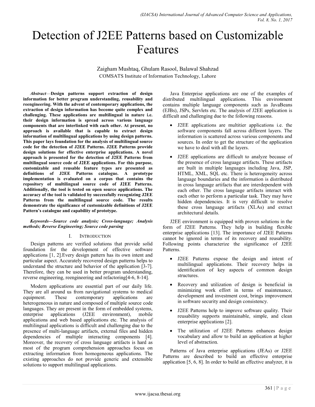 Detection of J2EE Patterns Based on Customizable Features