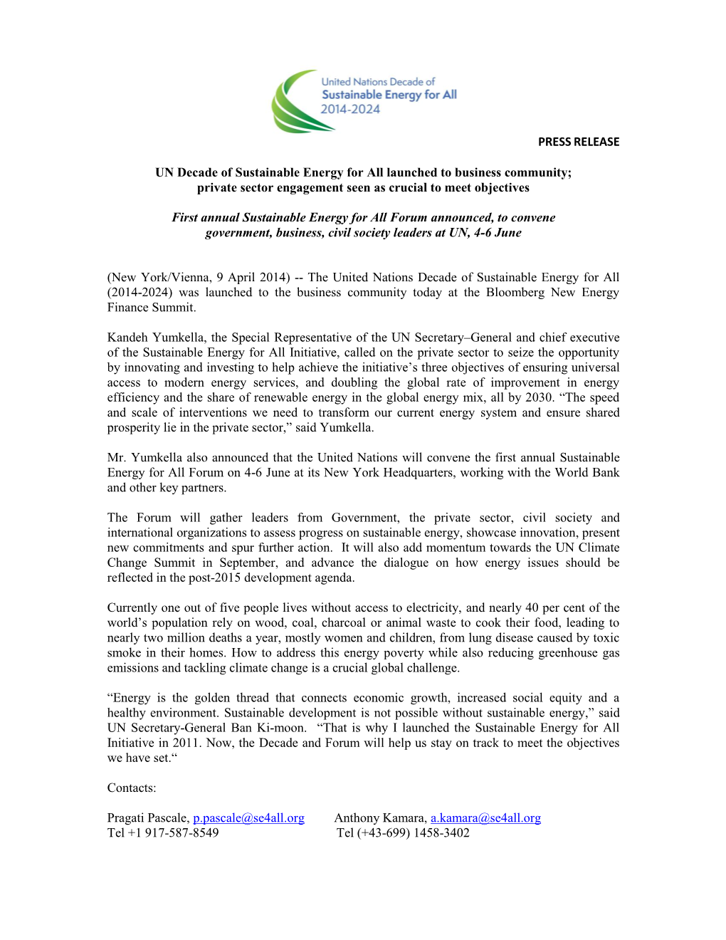 PRESS RELEASE UN Decade of Sustainable Energy for All Launched