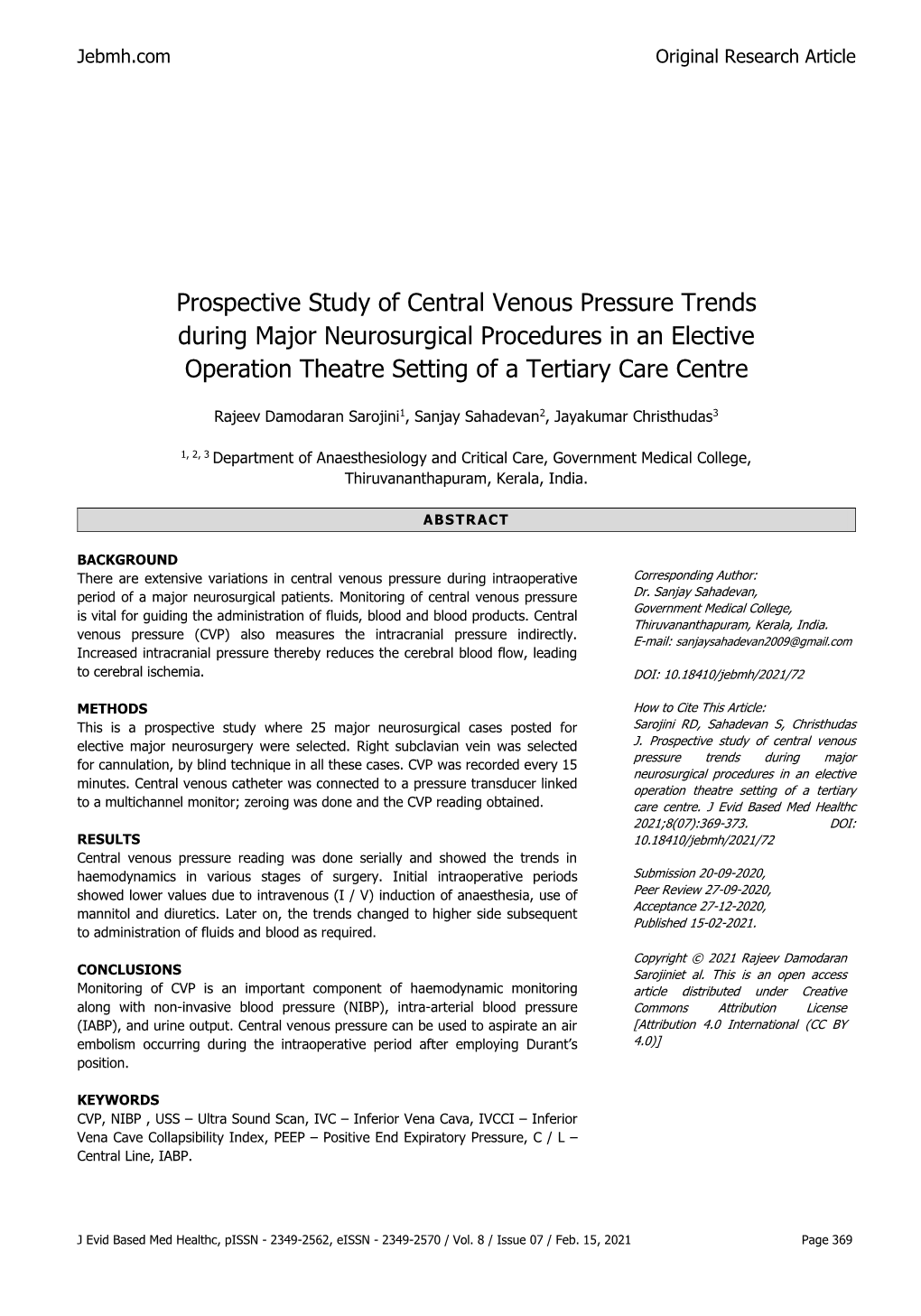 Prospective Study of Central Venous Pressure Trends During Major Neurosurgical Procedures in an Elective Operation Theatre Setting of a Tertiary Care Centre