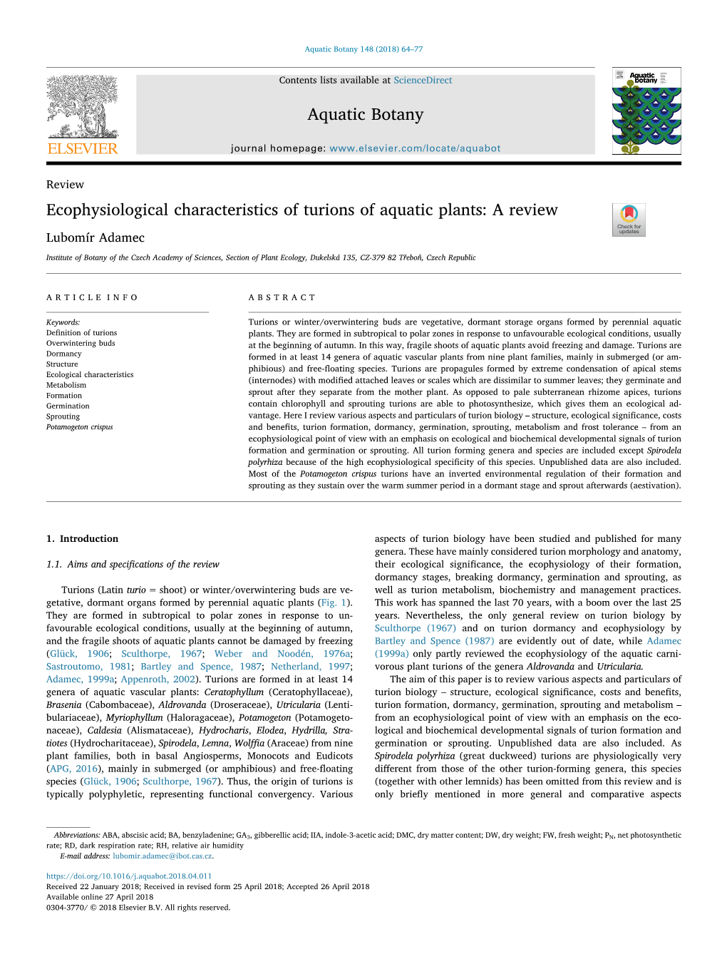 Ecophysiological Characteristics of Turions of Aquatic Plants a Review