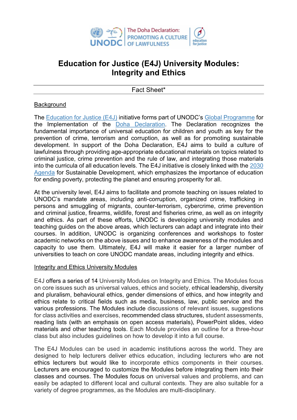Education for Justice (E4J) University Modules: Integrity and Ethics