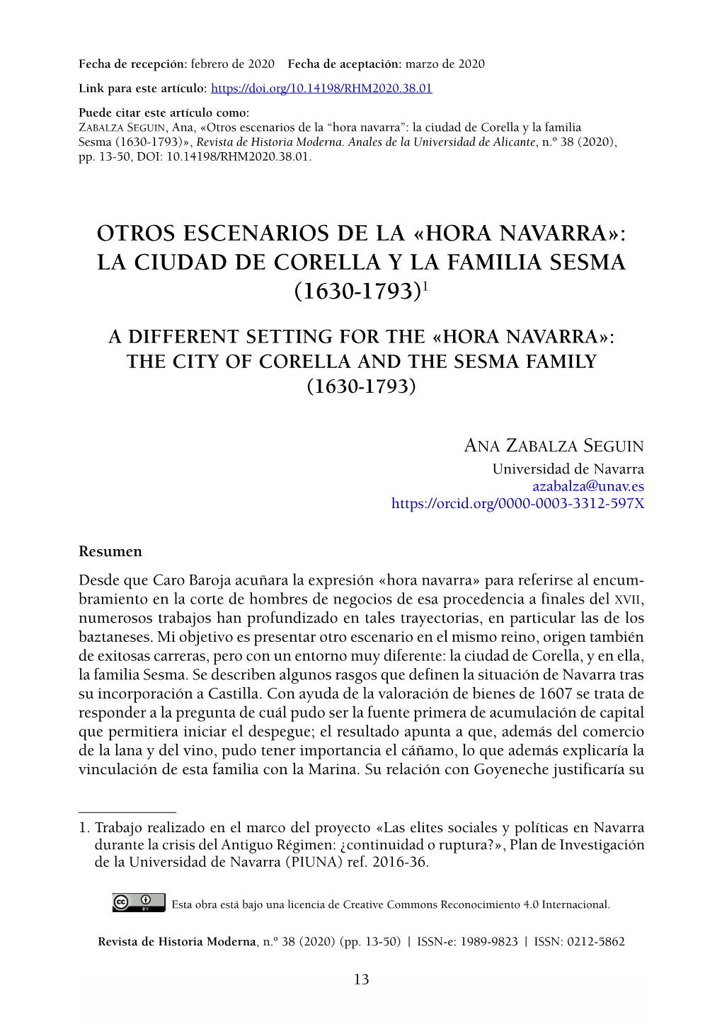 Hora Navarra»: La Ciudad De Corella Y La Familia Sesma (1630-1793)1