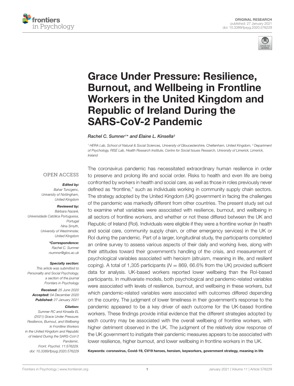 Resilience, Burnout, and Wellbeing in Frontline Workers in the United Kingdom and Republic of Ireland During the SARS-Cov-2 Pandemic