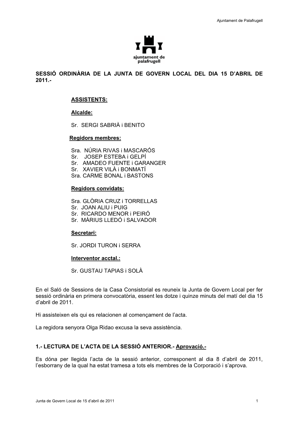 Acta De La Junta De Govern Local De 15 D'abril De 2011