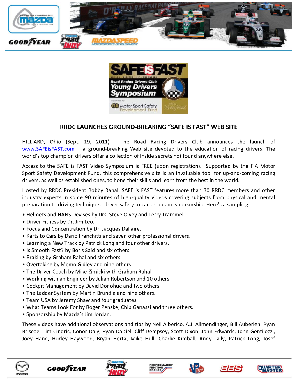 Rrdc Launches Ground-Breaking “Safe Is Fast” Web Site