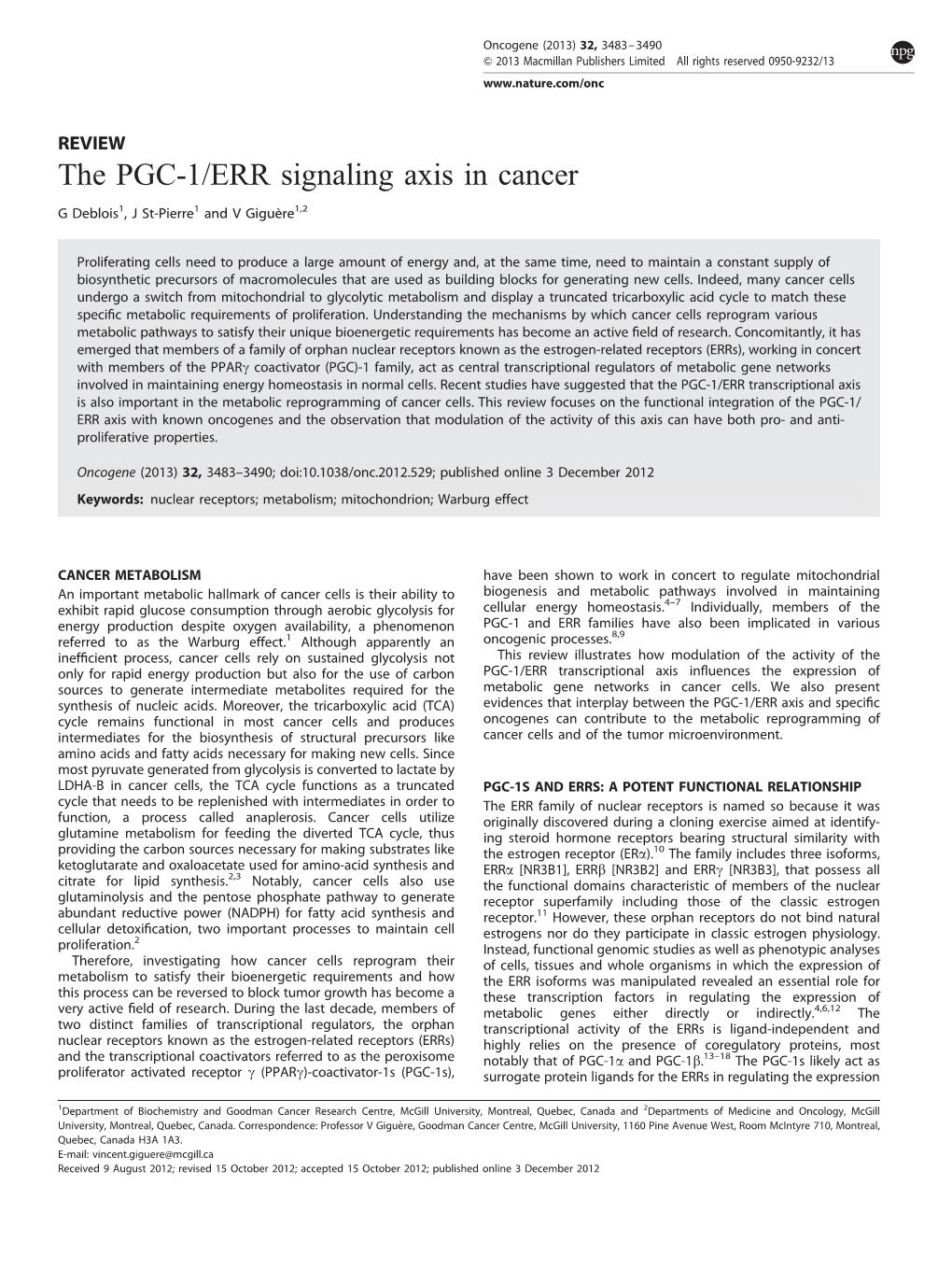 The PGC-1&Sol;ERR Signaling Axis in Cancer