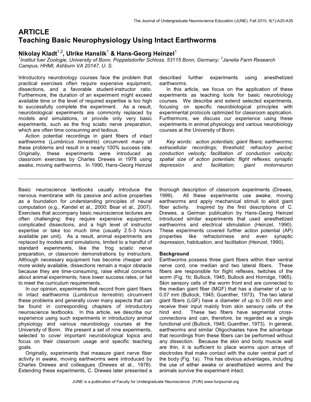 ARTICLE Teaching Basic Neurophysiology Using Intact Earthworms