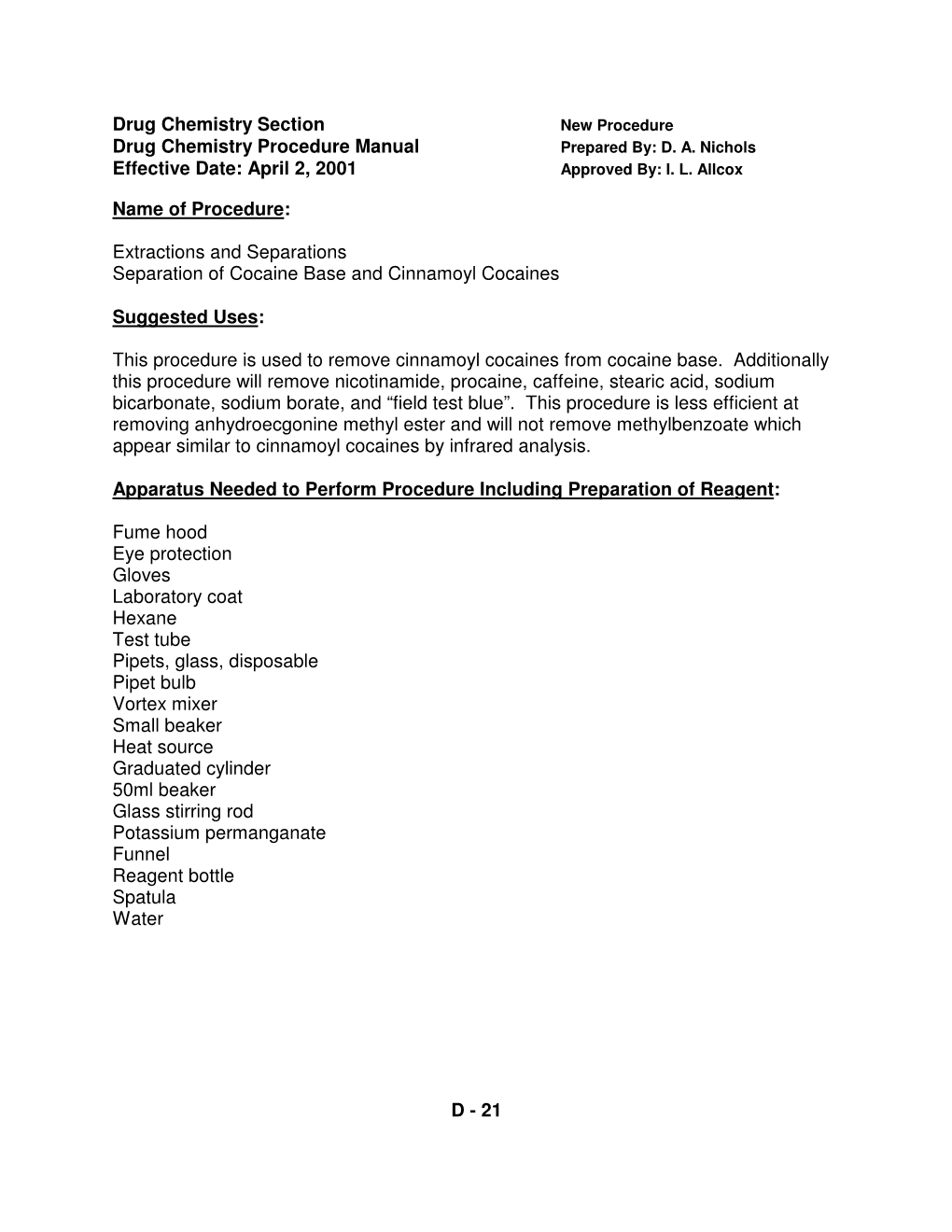 Drug Chemistry Section Drug Chemistry Procedure Manual
