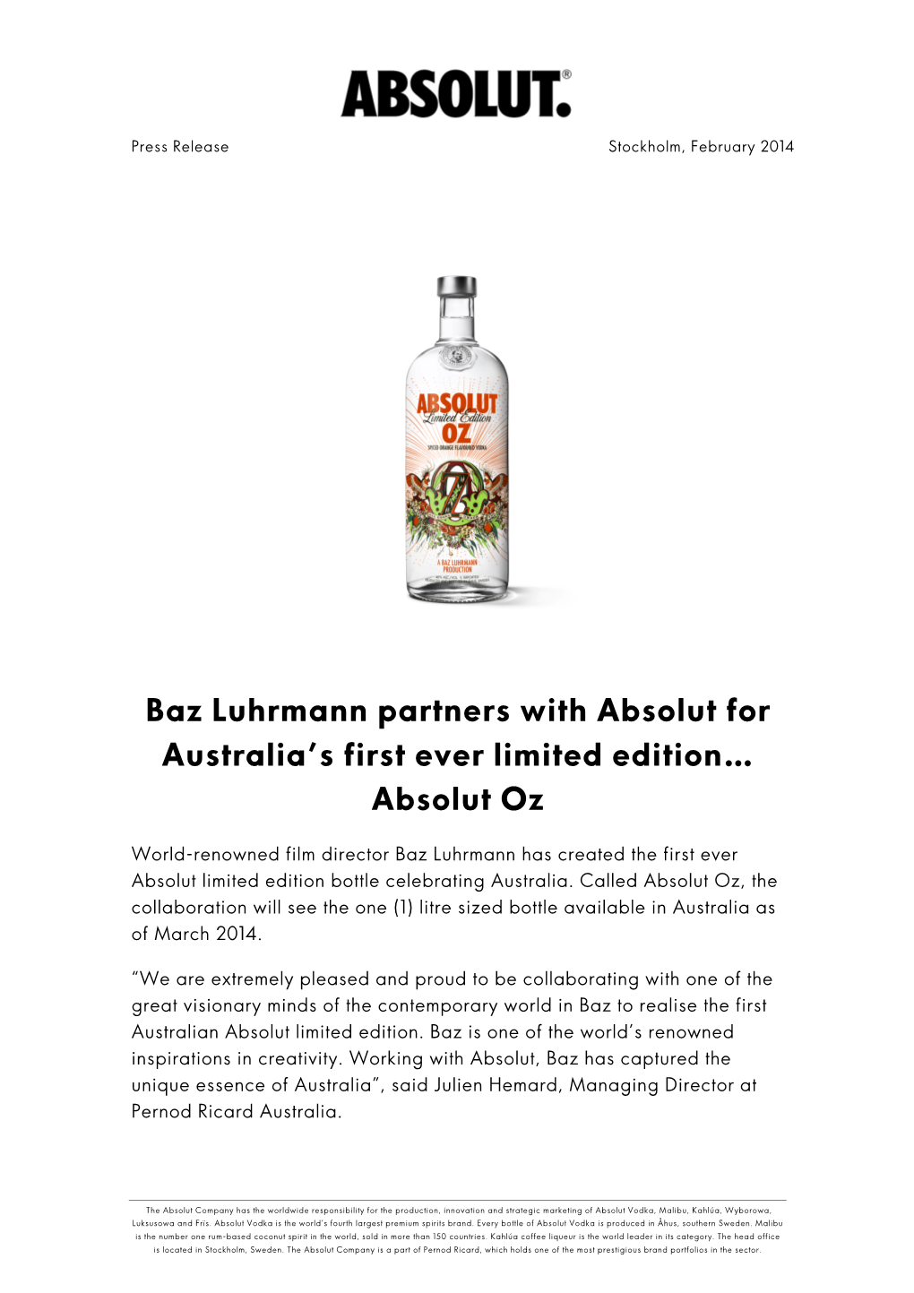 Baz Luhrmann Partners with Absolut for Australia's First