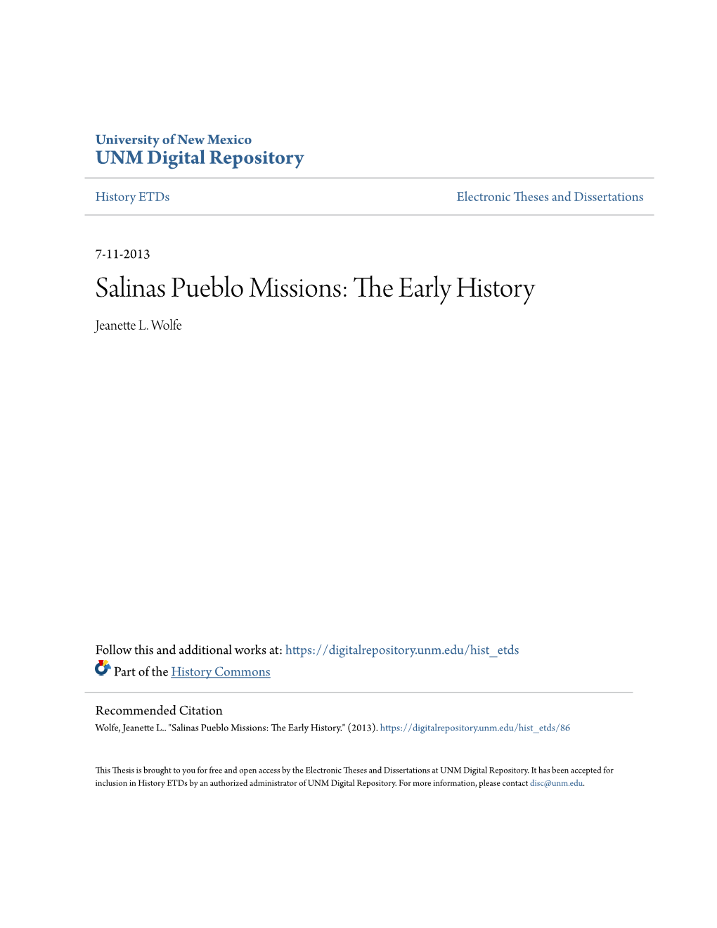 Salinas Pueblo Missions: the Early History.