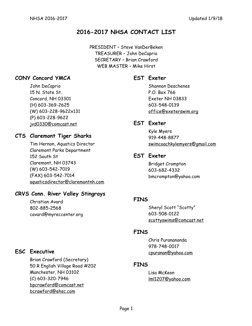 2008-2009 Nhsa Contact List